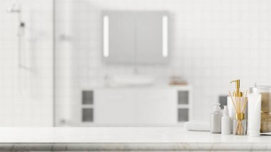 Parlak minimalist banyo arkaplanı, 3D görüntüleme, 3D resimleme ürününüz için banyo aksesuarlarıyla mermer banyo masası ve maket alanı.