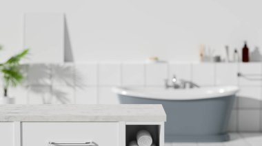 Ürününüzün montajı için mermer masa üstü modern banyo üzerinde arka planda küvet iç döşeme, 3D görüntüleme, 3D illüstrasyon