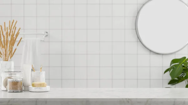 Mermer masa üstü sabun, diş fırçası, pamuk tomurcukları, dekor ve modelleme alanı minimalist ve temiz banyo arkaplanı, 3D görüntüleme, 3D resimleme