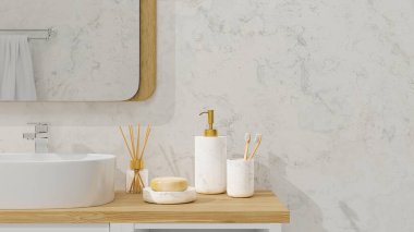 Close up of Stylish and modern bathroom interior with vessel sink, diffusers, soap, toothbrush, shampoo on wooden countertop, mirror on marble wall, 3d rendering, 3d illustration clipart