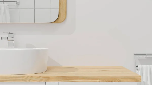 Close Stylish Bathroom Interior Mockup Space Montage Wooden Bathroom Countertop — Stock Photo, Image