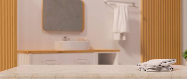 Havlulu mermer masa üstü ve montaj alanı. Ürününüz arka planda modern İskandinav banyosu iç mekanı, 3D çizim, 3D resim.