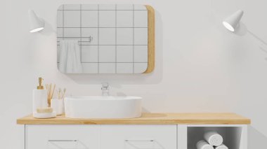 Minimalist ve İskandinav banyoları ahşap dolap, kap lavabo, ayna ve banyo aksesuarları için beyaz duvarın üzerinde montaj için uzaya yakın. 3d görüntüleme, 3d illüstrasyon