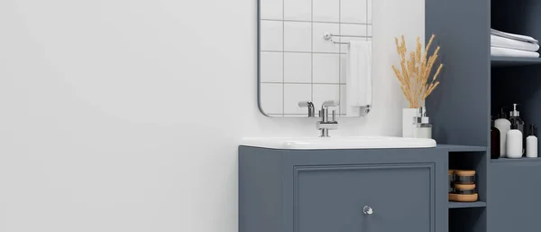 用现代洗澡间橱柜 架子和白色墙壁上的时尚装饰来装饰现代化的浴室内部 3D渲染 3D说明 — 图库照片
