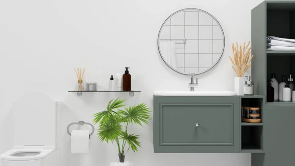 斯堪的纳维亚浴室内部风格与马桶碗 圆形镜子 现代绿色橱柜和架子白墙 3D渲染 3D说明 — 图库照片
