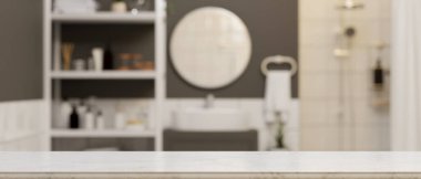 Modern banyo üzerinde vazin, yuvarlak ayna, duş, raflar, 3D çizim ve 3D resimli montaj için boş mermer masa