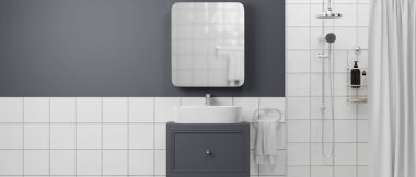 Duş banyosu, duş perdesi, leğen, dolap, ayna, havlu, şampuan şişeleri olan modern banyo. 3d görüntüleme, 3d illüstrasyon