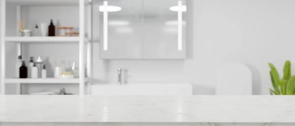 Witte Minimalistische Lege Marmeren Tafelblad Voor Montage Moderne Lichte Badkamer — Stockfoto