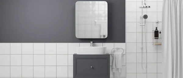 Moderne Badkamer Met Douche Bad Douchegordijn Wastafel Kast Spiegel Handdoek — Stockfoto