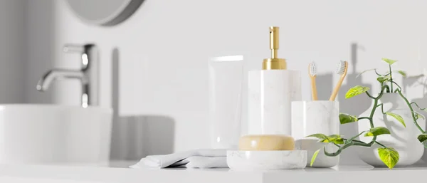 用洗发水瓶 洗脸管 室内植物 洗脸盆在现代浴室白色简约的内部进行造型 3D渲染 3D说明 — 图库照片