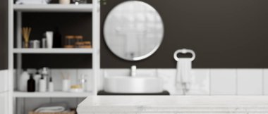 Modern banyo içerisindeki montaj için modern mermer masa kapağı kuru bölgede yakın plan. 3d görüntüleme, 3d illüstrasyon