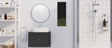 Yuvarlak aynalı modern, minimalist banyo iç tasarımının ön görüntüsü, damarlı lavabo, raflar, fayans duvarlı duş alanı, beyaz duvar. 3d görüntüleme, 3d illüstrasyon