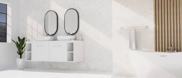 Baignoire Confortable Avec Double Lavabo Moderne Miroir Rond Debout Dans — Photo