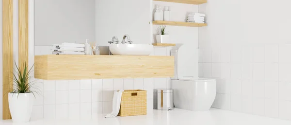 斯堪的纳维亚风格的简约室内设计的浴室 有大型镜子和脸盆柜 浴室架子 白色墙壁和地板的浴物 3D渲染 3D说明 — 图库照片