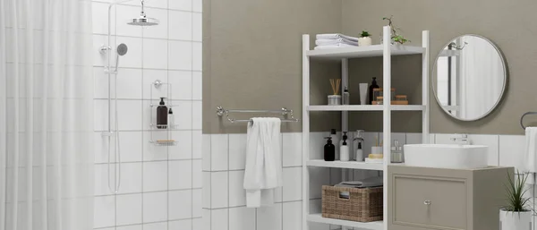 Moderní Byt Koupelna Interiér Sprchovým Koutem Umyvadlo Stojan Skříni Kulaté — Stock fotografie