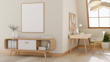 Masası ve çatı penceresinin altındaki koltuğu olan, köşedeki ahşap masanın üzerinde asılı büyük boş bir çerçeve. Çalışma köşesi, 3D çizim, 3D çizimler.