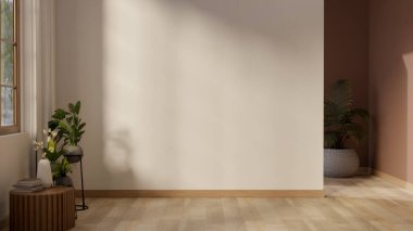 Empty white wall along the wooden floor parquet corridor or hallway with indoor potted plants and wooden stool table. 3d rendering, 3d illustrations.