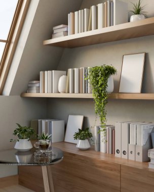 Kahve fincanı ve saksıda saksılar cam üzerinde tahta tabure üzerinde oda köşesindeki kitaplığın yanında. Çalışma ya da Çalışma, 3B Hazırlama, 3B Resim.