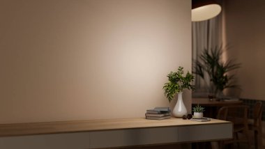 Ahşap mermer masa ya da tezgah yemek odasının önündeki loş ışıkta kitap ve saksı bitkileriyle. Ev İçi, 3D görüntüleme, 3D resimleme.