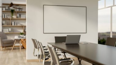 Toplantı odası ile oturma odası arasındaki duvardaki boş bir tahtanın önünde dizüstü bilgisayarlı ve koltuklu uzun siyah bir masa. 3B görüntüleme, 3d illüstrasyon.
