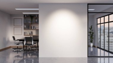 Siyah masalı, koltuklu ve parlak gri mermer koridorlu toplantı odası arasındaki boş beyaz duvar. Modern ofis. 3B görüntüleme, 3d illüstrasyon.