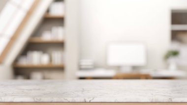 Boş beyaz mermer tezgah kitaplığın karşısında ve tavan penceresi olan parlak tavan arası odasında bilgisayar masası. Ürün Görüntüleme, 3B Görüntüleme 3B Görüntü.