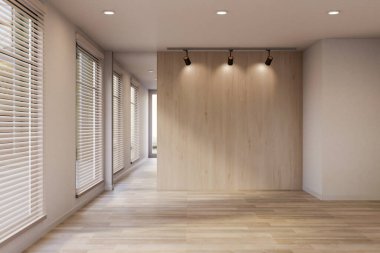 Ahşap duvarda spot ışıkları ve parke zeminin üzerinde pencere perdeleri olan boş koridor ya da koridor. Oda Modeli, 3D Yapılandırma, 3B Görüntü.