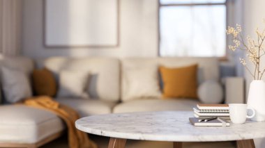 Kahve ya da çay fincanı, kitap ve çiçek vazosu, modern oturma odasındaki kanepenin karşısındaki mermer masada. Çalışma ya da Çalışma, 3D görüntüleme, 3B İllüstrasyon.