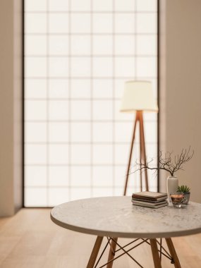 Parke zemindeki mermer tabure lambanın karşısında cam fayansların yanında parlak bir odada. Çalışma ya da öğrenim, 3B canlandırma, 3B İllüstrasyon.