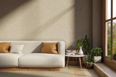 Kahve fincanı ve kitap yan koltukta ve parke zeminde oturma odasındaki pencerenin altında saksılar. Ev Bahçesi, 3D görüntüleme, 3D Görüntü.