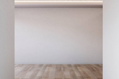 Modern galeri galerisinin ahşap parke zemininin üzerinde beyaz duvarı ve tavanı olan boş bir oda. İç Modelleme, 3B Hazırlama 3B Görüntü.