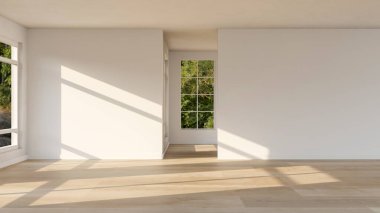 Beyaz duvarda parlayan güneş ışığıyla dolu boş modern bir oda ve ahşap parke zemin. İç Modelleme, 3B Hazırlama 3B Görüntü.