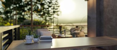 İçinde kitaplar ve saksı bitkileri olan bir kahve fincanı balkonda, terasta ya da bir evin ahşap tezgahında. 3d görüntüleme, 3d illüstrasyon.