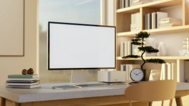 Beyaz ekran bilgisayar ve bonsai mermer üzerinde, güneş ışığıyla aydınlatılmış bir odada, kitaplığı olan ahşap masa. Çalışma ya da Çalışma köşesi, 3D Hazırlama, 3D Resim.