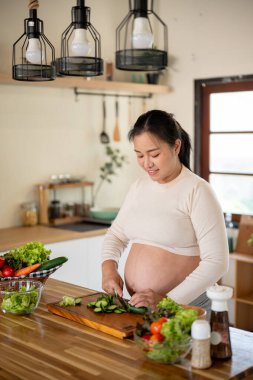 Elinde bıçakla salatalık doğrayan hamile bir Asyalı kadın mutfakta yemeğini hazırlıyor. Doğum öncesi bakım, kendi kendini pişirme, hamilelik diyeti..