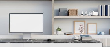 Beyaz ekran bilgisayar ve odada sergilenen rafın önündeki siyah mermer masanın üzerinde kitaplar olan kahve. Çalışma ya da öğrenim, 3B canlandırma, 3B İllüstrasyon.