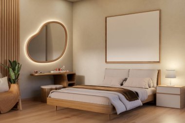 Yatak başlığının üzerinde boş bir çerçeve ve rahat bir yatak odasındaki sandalyeye yakın ahşap masanın üzerinde kurşun ışığı olan düzensiz garip bir ayna. 3B görüntüleme, 3B Görüntü.