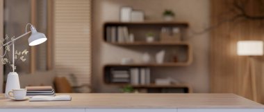 A cup of coffee and books with vase aside on wooden table under lamp light in a dim lit living room. Working or study, 3D rendering, 3D Illustration.