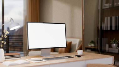 Oturma odasında balkonlu cam dolabın yanında kahve fincanı olan ahşap masanın üzerindeki boş ekran bilgisayar. Ev İçi, 3D Görüntü, 3B Görüntü.