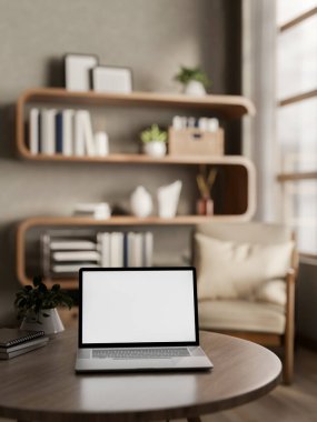 Beyaz ekran dizüstü bilgisayar ahşap masada, rahat bir oturma odasındaki eşsiz tasarım kitaplığının yanında koltuğu var. Çalışma ya da öğrenim, 3B canlandırma, 3B İllüstrasyon.