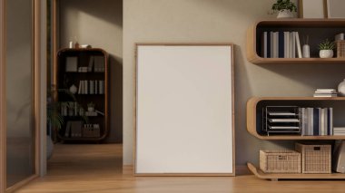 Parke zeminde uzanan büyük boş bir çerçeve modern oturma odasındaki şık kitaplığın yanındaki duvara dayanıyor. 3 Boyutlu Hazırlama, 3 Boyutlu Resim.