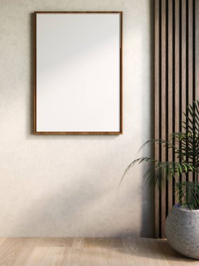 Tahta çıta duvardaki boş çerçeve ve köşedeki taş kapta güneş ışığı alan yeşil yaprak bitkisi. Uzayı kopyala, 3 boyutlu görüntüleme, 3 boyutlu resimleme.