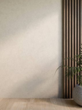 Yeşil yaprak bitkisi ve tahta çıtaların yanında gölgeler oda köşesinde güneş ışığıyla parlayan beton duvarlar. Uzayı kopyala, 3 boyutlu görüntüleme, 3 boyutlu resimleme.