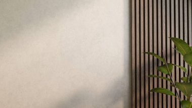 Yeşil yaprak bitkisi ve tahta çıtalar üzerinde gölgeler oda köşesinde güneş ışığıyla parlayan beton duvarlar. Uzayı kopyala, 3 boyutlu görüntüleme, 3 boyutlu resimleme.