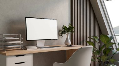 Boş ekran bilgisayar ahşap masanın üzerinde kitaplar ve vazo yan yana bir yatak odası ya da oturma odasında tavan arası duvarı. Çalışma ya da öğrenim, 3D görüntüleme, 3D illüstrasyon.