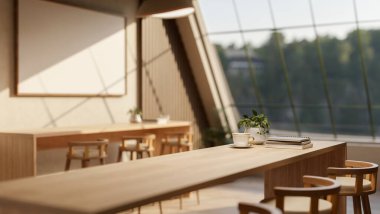 Kahve fincanı bir kafede ya da kahve dükkanında çatı penceresinin altında tabure sandalyeli ahşap tezgahın üzerinde kitaplar. Çalışma ya da Çalışma, 3d Hazırlama, 3d illüstrasyon.