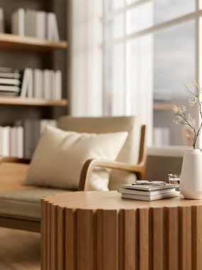 Kütük şeklinde ahşap masa ve kafeteryada yastıklı koltuk veya cam duvarda güneş ışığı olan kütüphane. Çalışma ya da Çalışma, 3D Hazırlama, 3B Resim.