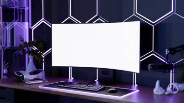 Beyaz ekran bilgisayar, podcast mikrofon ve kulaklık, neon mor monitörlü arka ışıklandırma. Ad Mockup, Masa Ayarları, 3D Hazırlama, 3B Resim.