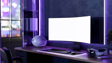 Beyaz ekran, kulaklı ve projektörlü bilgisayar. Masada da neon mor ekran arka ışıklandırma var. Ad Mockup, Masa Ayarları, 3D Hazırlama, 3B Resim.