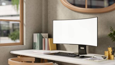 Boş ekran bilgisayar hesap makinesini ve altın sikkeyi bir kenara bırakıp çalışma masasında ya da oturma odasında kitap ve klasör ile birlikte. 3 Boyutlu Hazırlama, 3 Boyutlu Resim.